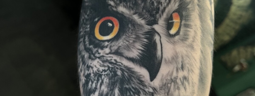 Tatuaje en el interior del biceps de un buho con os ojos de color naranja