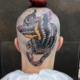 Tatuaje en la cabeza de un hombre en estilo old school tradicional de la lucha entre un aguila y una serpiente.