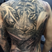 Tatuaje en la espalda de un hombre de un tigre realista.