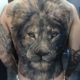 Tatuaje grande en la espalda de un hombre del rostro de un leon realista.