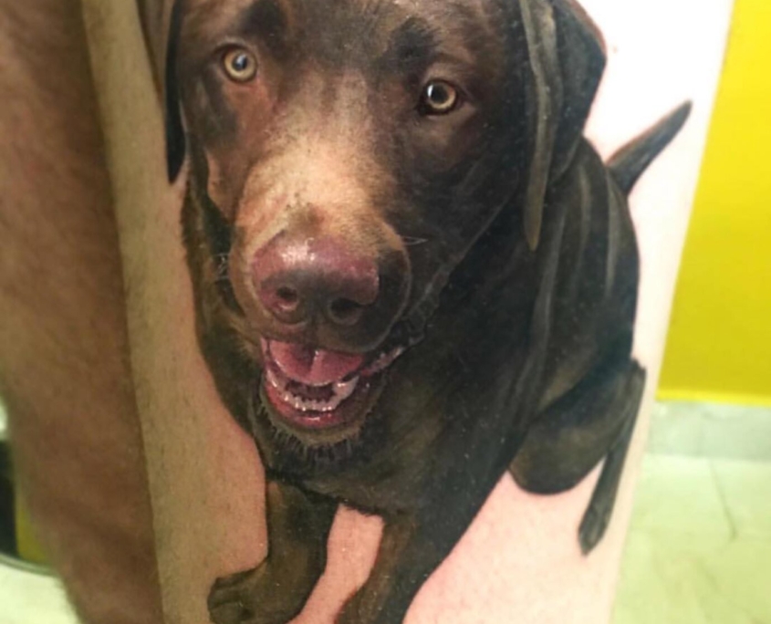 Tatuaje de un labrador en realismo a color en el muslo de un hombre.